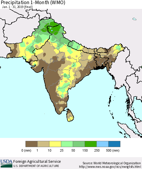 Southern Asia Precipitation 1-Month (WMO) Thematic Map For 1/1/2019 - 1/31/2019