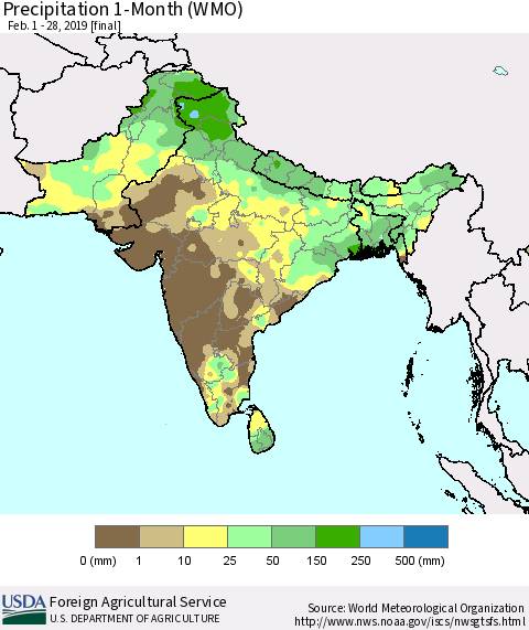 Southern Asia Precipitation 1-Month (WMO) Thematic Map For 2/1/2019 - 2/28/2019