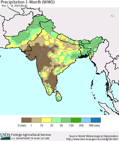 Southern Asia Precipitation 1-Month (WMO) Thematic Map For 3/1/2019 - 3/31/2019