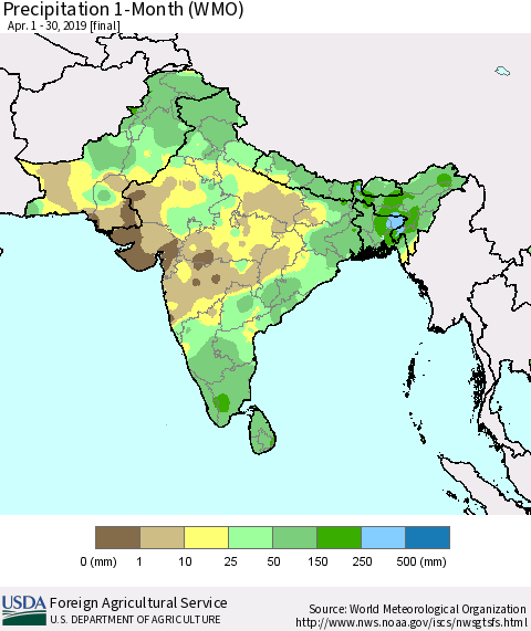 Southern Asia Precipitation 1-Month (WMO) Thematic Map For 4/1/2019 - 4/30/2019