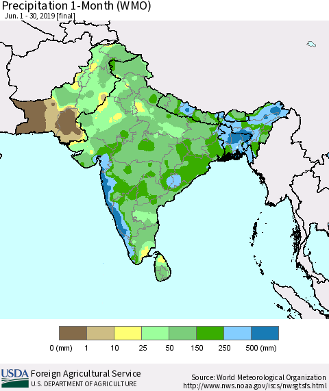 Southern Asia Precipitation 1-Month (WMO) Thematic Map For 6/1/2019 - 6/30/2019