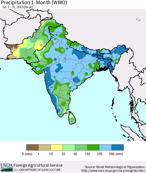 Southern Asia Precipitation 1-Month (WMO) Thematic Map For 7/1/2019 - 7/31/2019