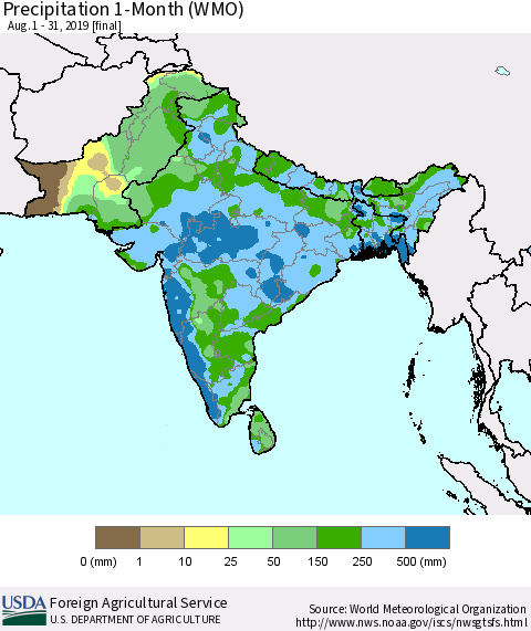 Southern Asia Precipitation 1-Month (WMO) Thematic Map For 8/1/2019 - 8/31/2019