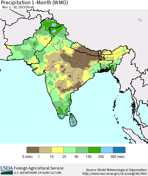 Southern Asia Precipitation 1-Month (WMO) Thematic Map For 11/1/2019 - 11/30/2019