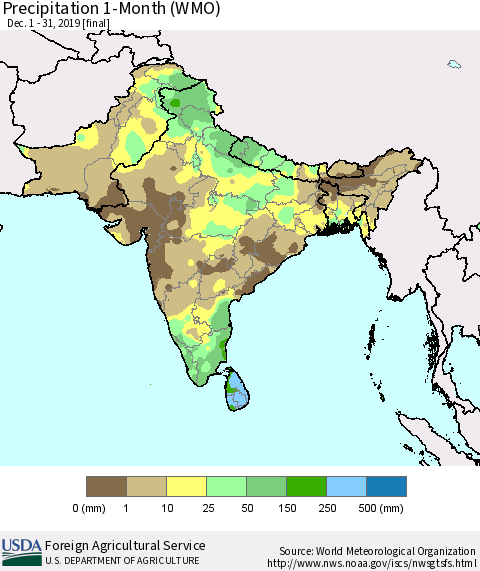 Southern Asia Precipitation 1-Month (WMO) Thematic Map For 12/1/2019 - 12/31/2019