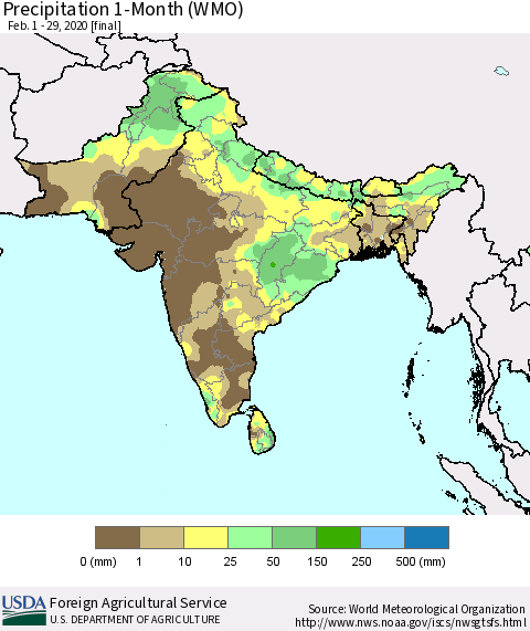 Southern Asia Precipitation 1-Month (WMO) Thematic Map For 2/1/2020 - 2/29/2020