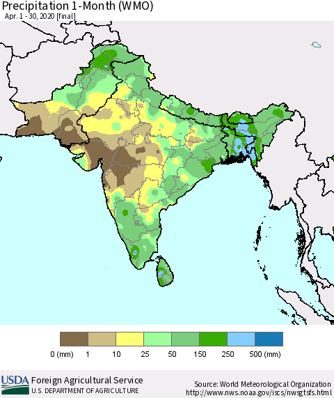 Southern Asia Precipitation 1-Month (WMO) Thematic Map For 4/1/2020 - 4/30/2020