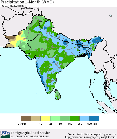 Southern Asia Precipitation 1-Month (WMO) Thematic Map For 7/1/2020 - 7/31/2020