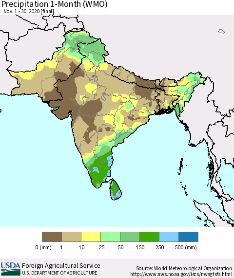Southern Asia Precipitation 1-Month (WMO) Thematic Map For 11/1/2020 - 11/30/2020
