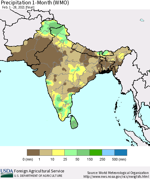 Southern Asia Precipitation 1-Month (WMO) Thematic Map For 2/1/2021 - 2/28/2021
