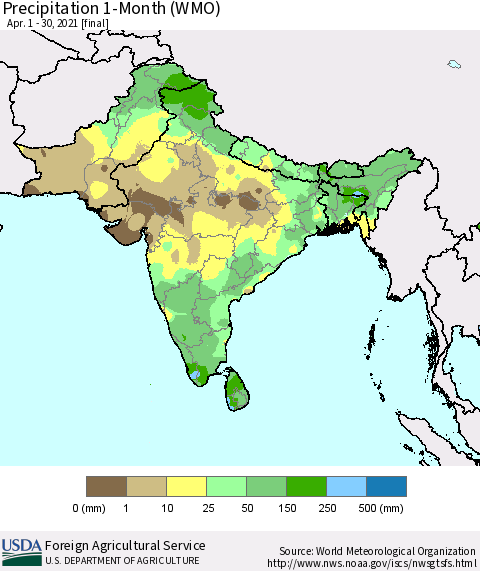 Southern Asia Precipitation 1-Month (WMO) Thematic Map For 4/1/2021 - 4/30/2021