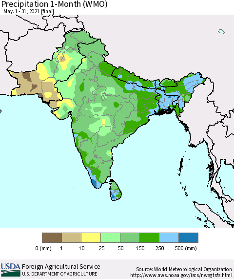 Southern Asia Precipitation 1-Month (WMO) Thematic Map For 5/1/2021 - 5/31/2021