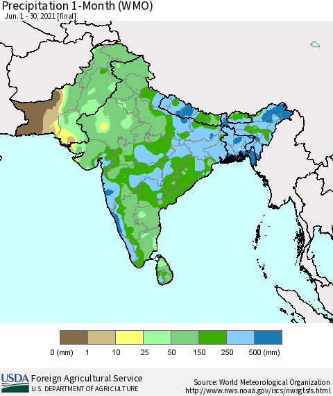 Southern Asia Precipitation 1-Month (WMO) Thematic Map For 6/1/2021 - 6/30/2021