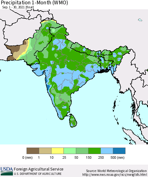 Southern Asia Precipitation 1-Month (WMO) Thematic Map For 9/1/2021 - 9/30/2021