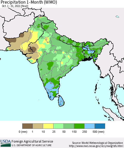 Southern Asia Precipitation 1-Month (WMO) Thematic Map For 10/1/2021 - 10/31/2021