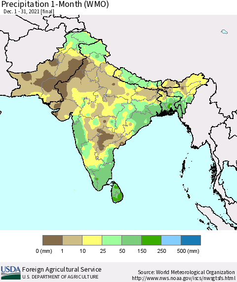 Southern Asia Precipitation 1-Month (WMO) Thematic Map For 12/1/2021 - 12/31/2021