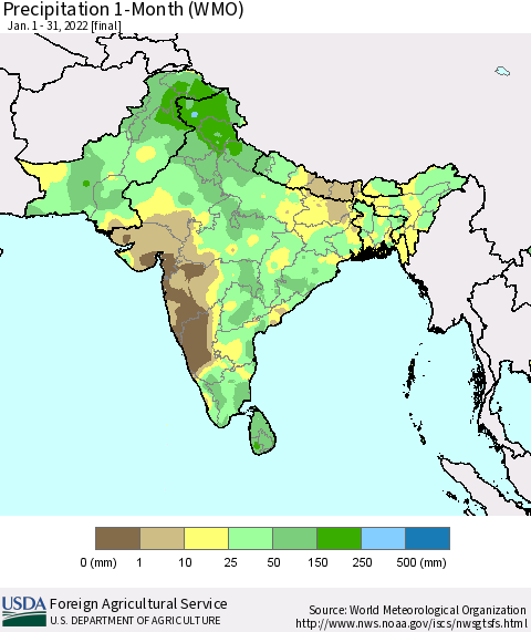 Southern Asia Precipitation 1-Month (WMO) Thematic Map For 1/1/2022 - 1/31/2022