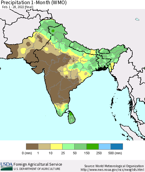 Southern Asia Precipitation 1-Month (WMO) Thematic Map For 2/1/2022 - 2/28/2022