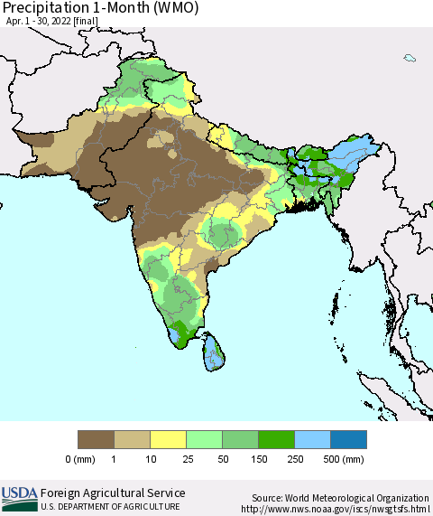 Southern Asia Precipitation 1-Month (WMO) Thematic Map For 4/1/2022 - 4/30/2022