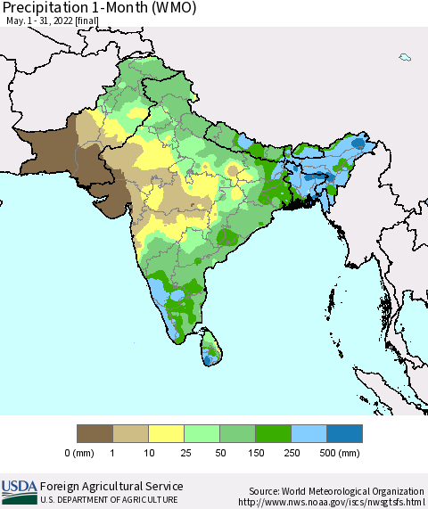 Southern Asia Precipitation 1-Month (WMO) Thematic Map For 5/1/2022 - 5/31/2022