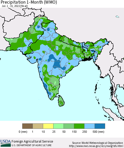 Southern Asia Precipitation 1-Month (WMO) Thematic Map For 7/1/2022 - 7/31/2022