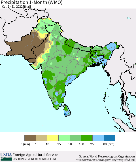 Southern Asia Precipitation 1-Month (WMO) Thematic Map For 10/1/2022 - 10/31/2022