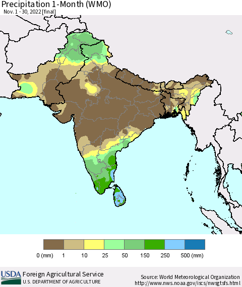 Southern Asia Precipitation 1-Month (WMO) Thematic Map For 11/1/2022 - 11/30/2022