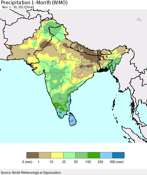 Southern Asia Precipitation 1-Month (WMO) Thematic Map For 11/1/2023 - 11/30/2023