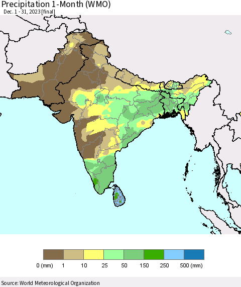 Southern Asia Precipitation 1-Month (WMO) Thematic Map For 12/1/2023 - 12/31/2023