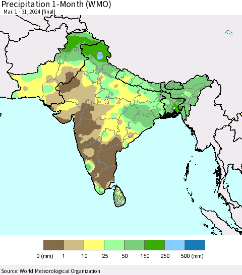 Southern Asia Precipitation 1-Month (WMO) Thematic Map For 3/1/2024 - 3/31/2024