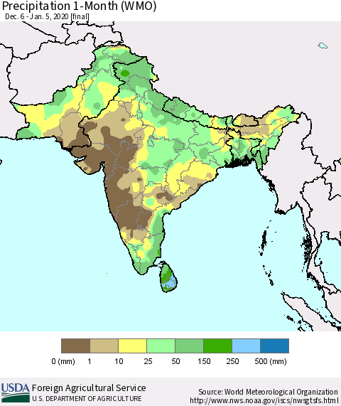 Southern Asia Precipitation 1-Month (WMO) Thematic Map For 12/6/2019 - 1/5/2020