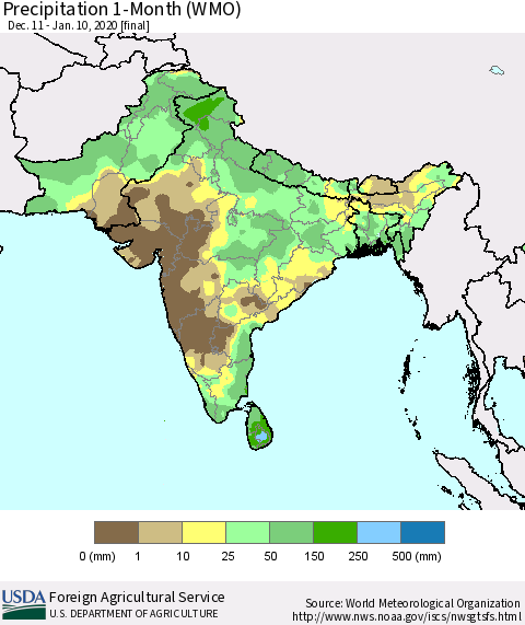 Southern Asia Precipitation 1-Month (WMO) Thematic Map For 12/11/2019 - 1/10/2020