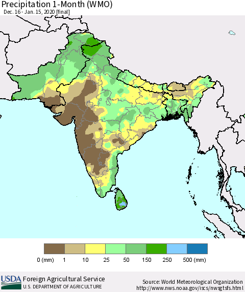 Southern Asia Precipitation 1-Month (WMO) Thematic Map For 12/16/2019 - 1/15/2020