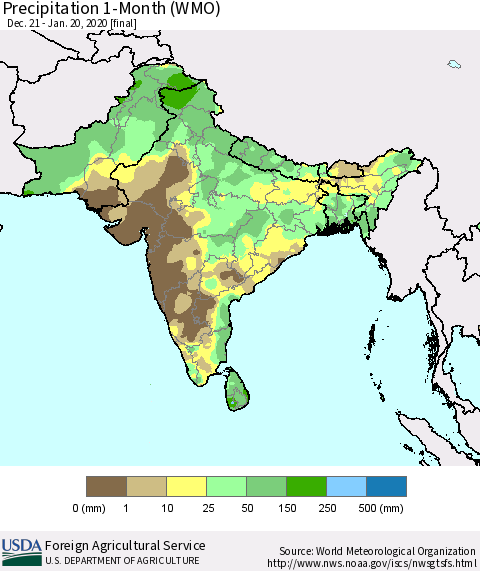 Southern Asia Precipitation 1-Month (WMO) Thematic Map For 12/21/2019 - 1/20/2020