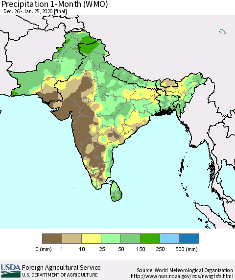 Southern Asia Precipitation 1-Month (WMO) Thematic Map For 12/26/2019 - 1/25/2020