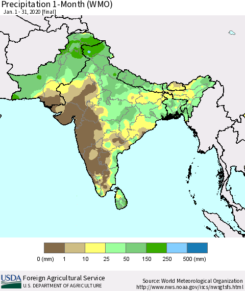 Southern Asia Precipitation 1-Month (WMO) Thematic Map For 1/1/2020 - 1/31/2020