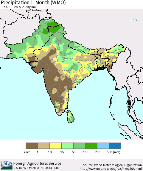 Southern Asia Precipitation 1-Month (WMO) Thematic Map For 1/6/2020 - 2/5/2020