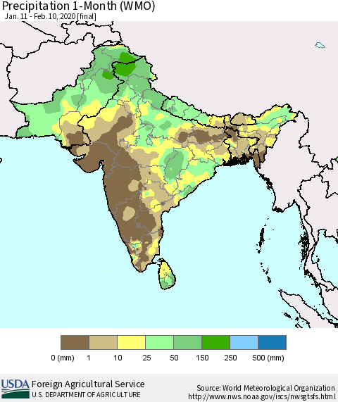 Southern Asia Precipitation 1-Month (WMO) Thematic Map For 1/11/2020 - 2/10/2020