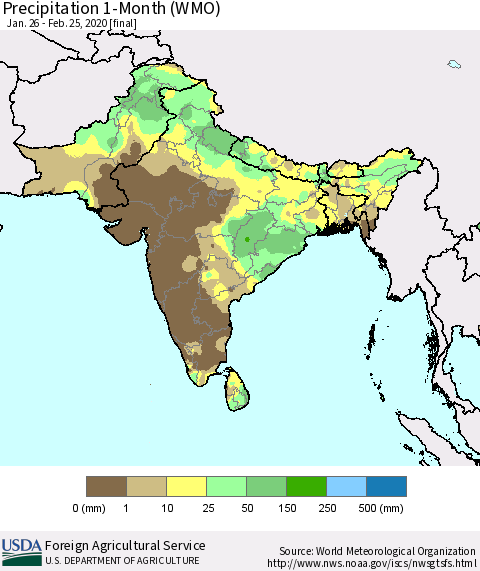 Southern Asia Precipitation 1-Month (WMO) Thematic Map For 1/26/2020 - 2/25/2020