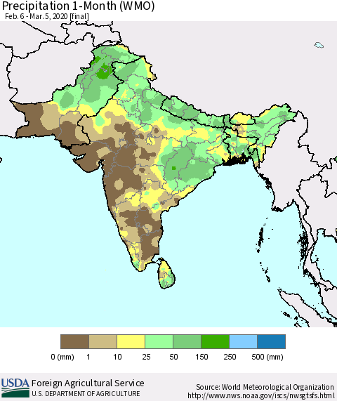 Southern Asia Precipitation 1-Month (WMO) Thematic Map For 2/6/2020 - 3/5/2020