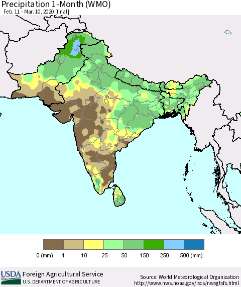 Southern Asia Precipitation 1-Month (WMO) Thematic Map For 2/11/2020 - 3/10/2020