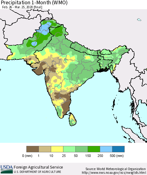 Southern Asia Precipitation 1-Month (WMO) Thematic Map For 2/26/2020 - 3/25/2020