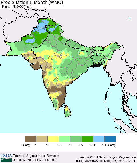 Southern Asia Precipitation 1-Month (WMO) Thematic Map For 3/1/2020 - 3/31/2020