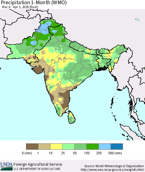 Southern Asia Precipitation 1-Month (WMO) Thematic Map For 3/6/2020 - 4/5/2020