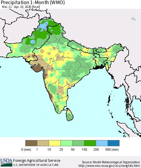 Southern Asia Precipitation 1-Month (WMO) Thematic Map For 3/11/2020 - 4/10/2020