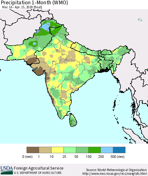 Southern Asia Precipitation 1-Month (WMO) Thematic Map For 3/16/2020 - 4/15/2020
