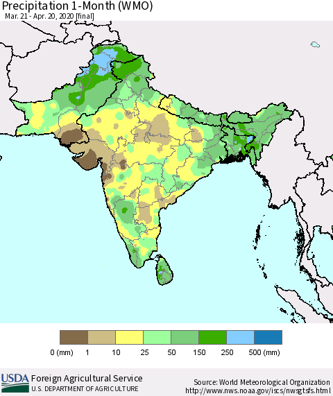 Southern Asia Precipitation 1-Month (WMO) Thematic Map For 3/21/2020 - 4/20/2020