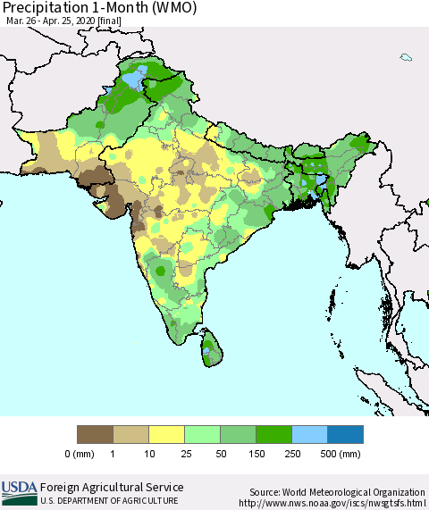 Southern Asia Precipitation 1-Month (WMO) Thematic Map For 3/26/2020 - 4/25/2020