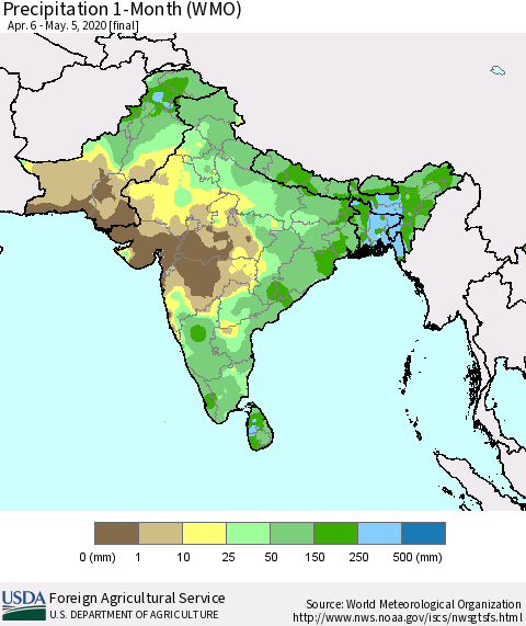 Southern Asia Precipitation 1-Month (WMO) Thematic Map For 4/6/2020 - 5/5/2020