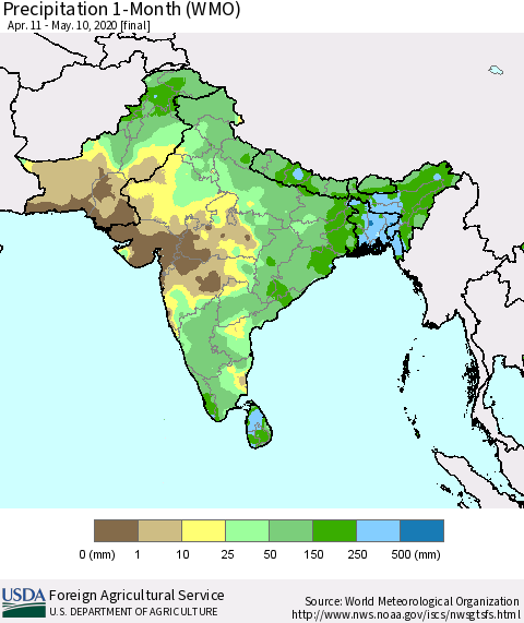 Southern Asia Precipitation 1-Month (WMO) Thematic Map For 4/11/2020 - 5/10/2020